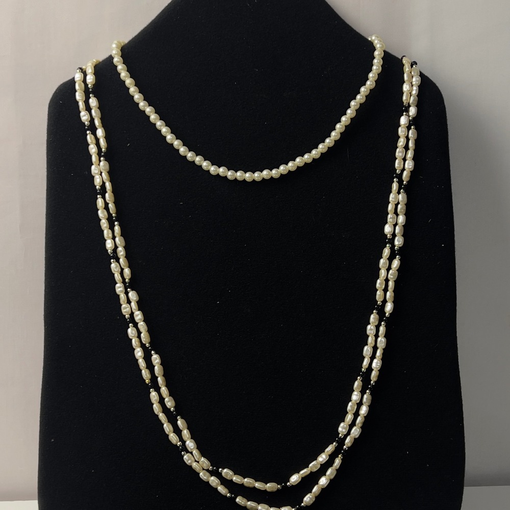 Vintage Faux Pearl Necklace Set Cream Round and Rice Pearl Strands Black Accents